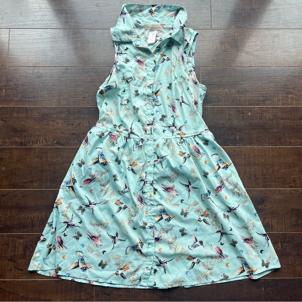 Band of Gypsies Mint Green Sleeveless Button-Front Midi Dress with Bird Print